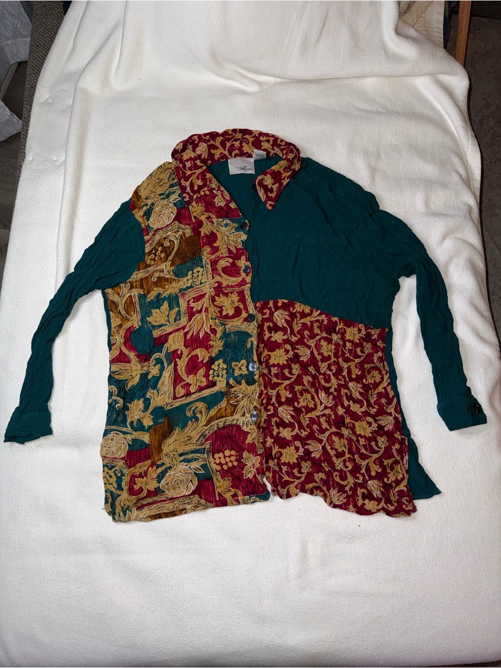 Vintage Worthington Patchwork Button-Front Cardigan in Teal and Burgundy